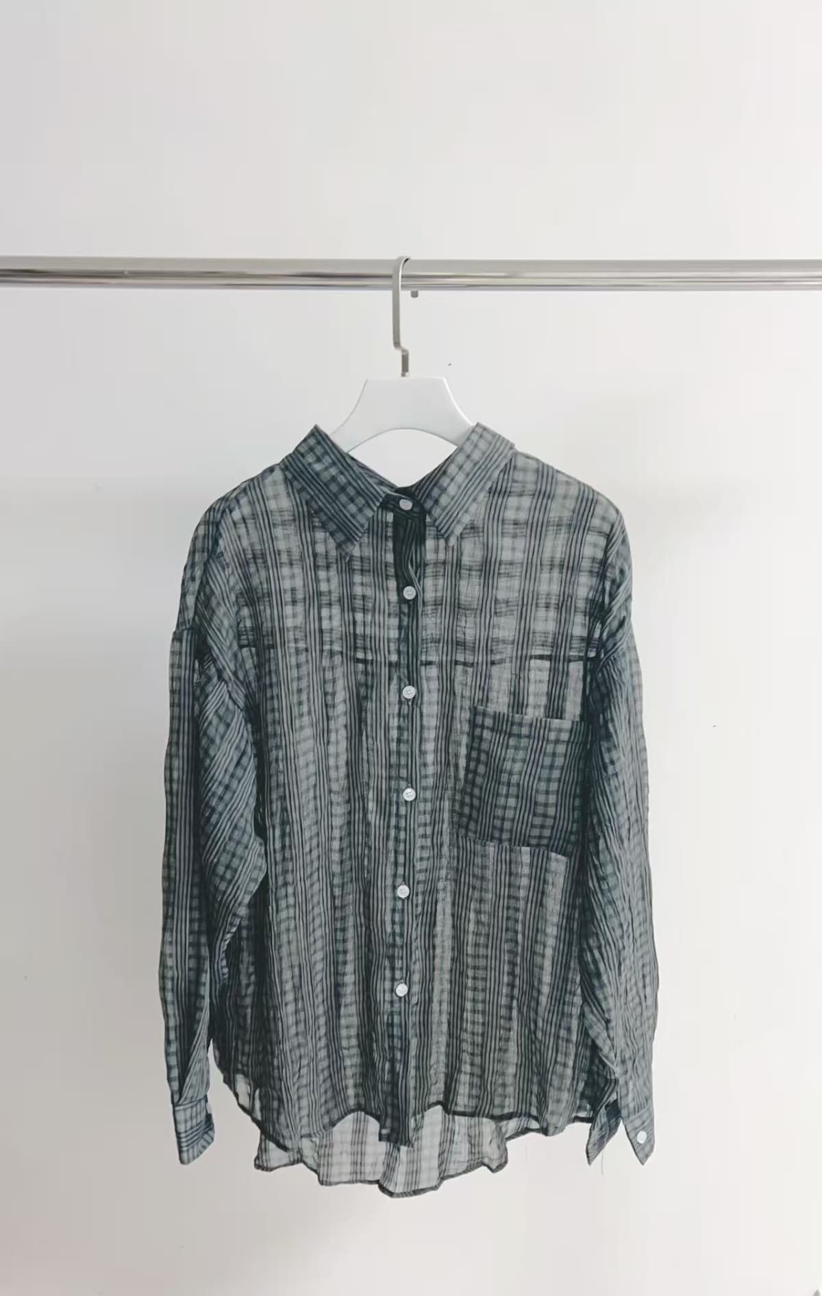 Seersucker check oversized long-sleeve shirt - 이미지 5