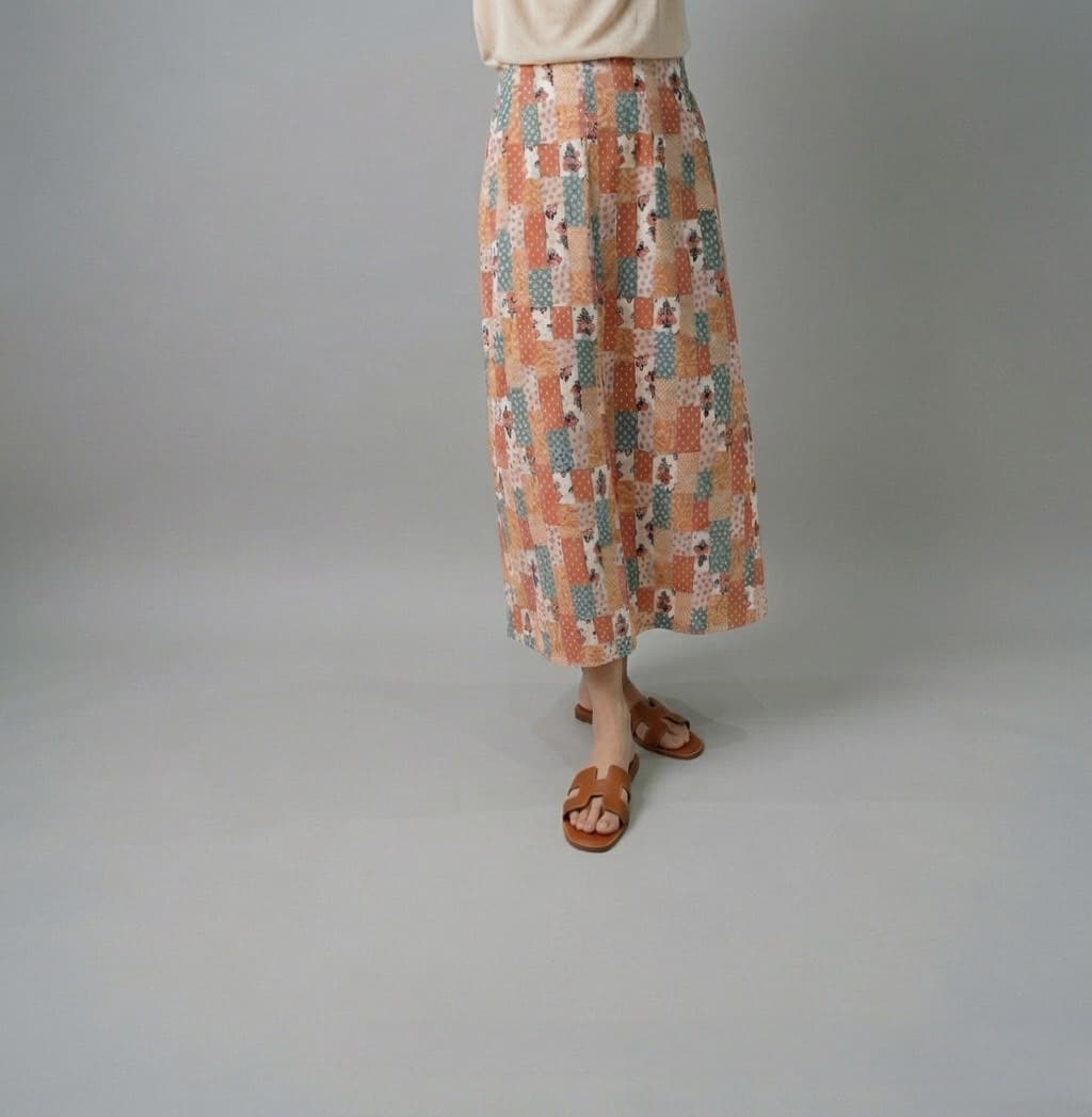 Patchwork flower pattern elastic long skirt - 이미지 7