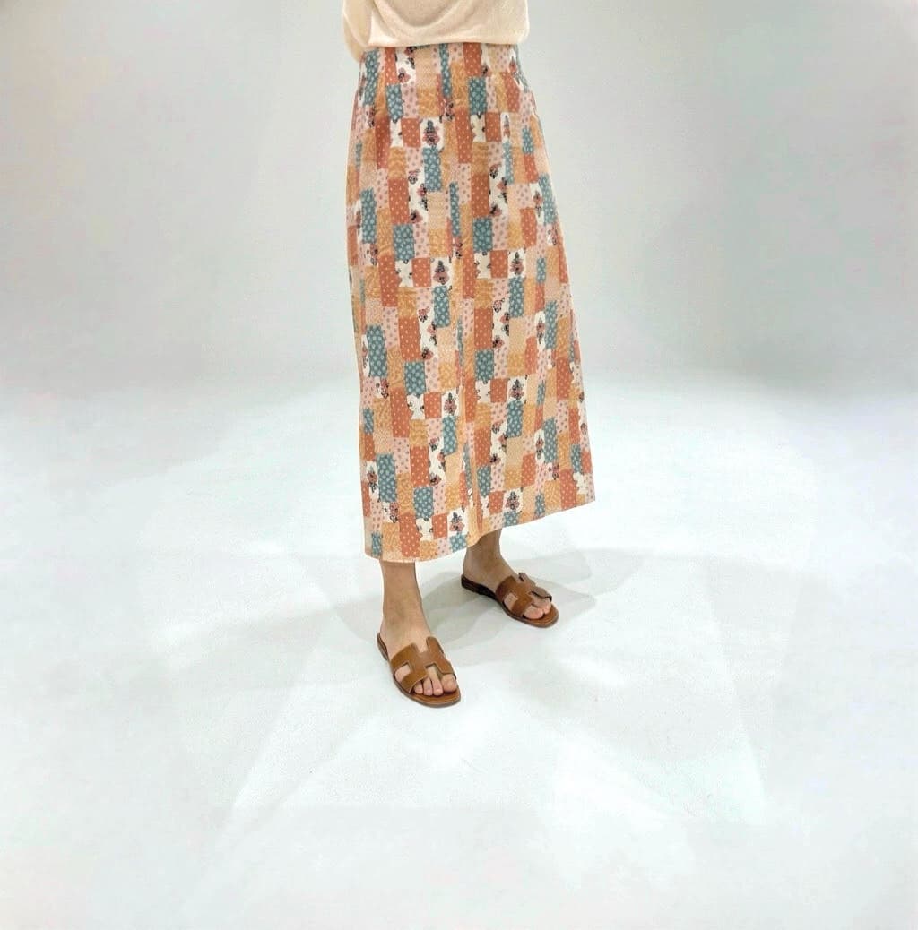 Patchwork flower pattern elastic long skirt - 이미지 1