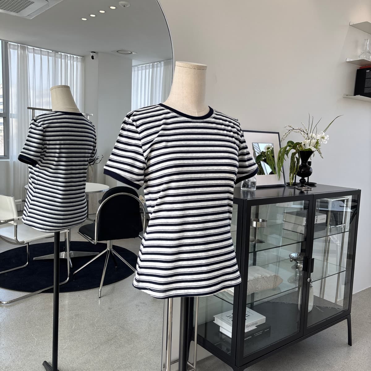 Double Stitch Tee Fine Stripe Ringer Short Sleeve T-shirt - 이미지 2