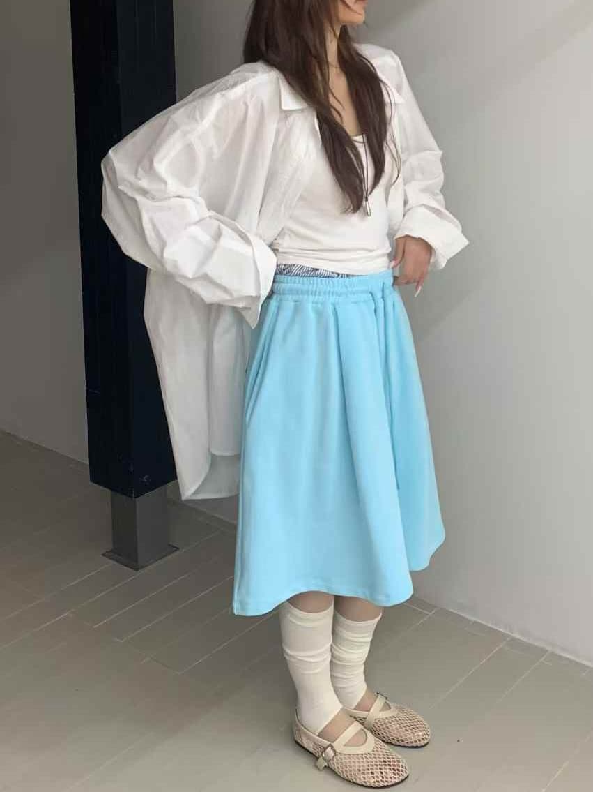Elastic Contrast Midi Double Waist Skirt - 이미지 6