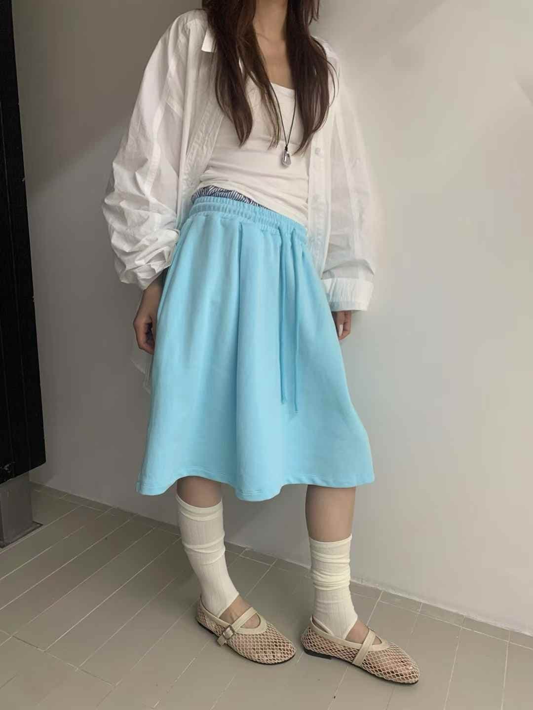 Elastic Contrast Midi Double Waist Skirt - 이미지 1