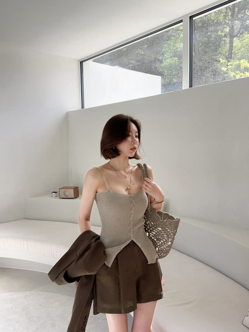 Linen Button Ribbed Knit Sleeveless Top - 이미지 3