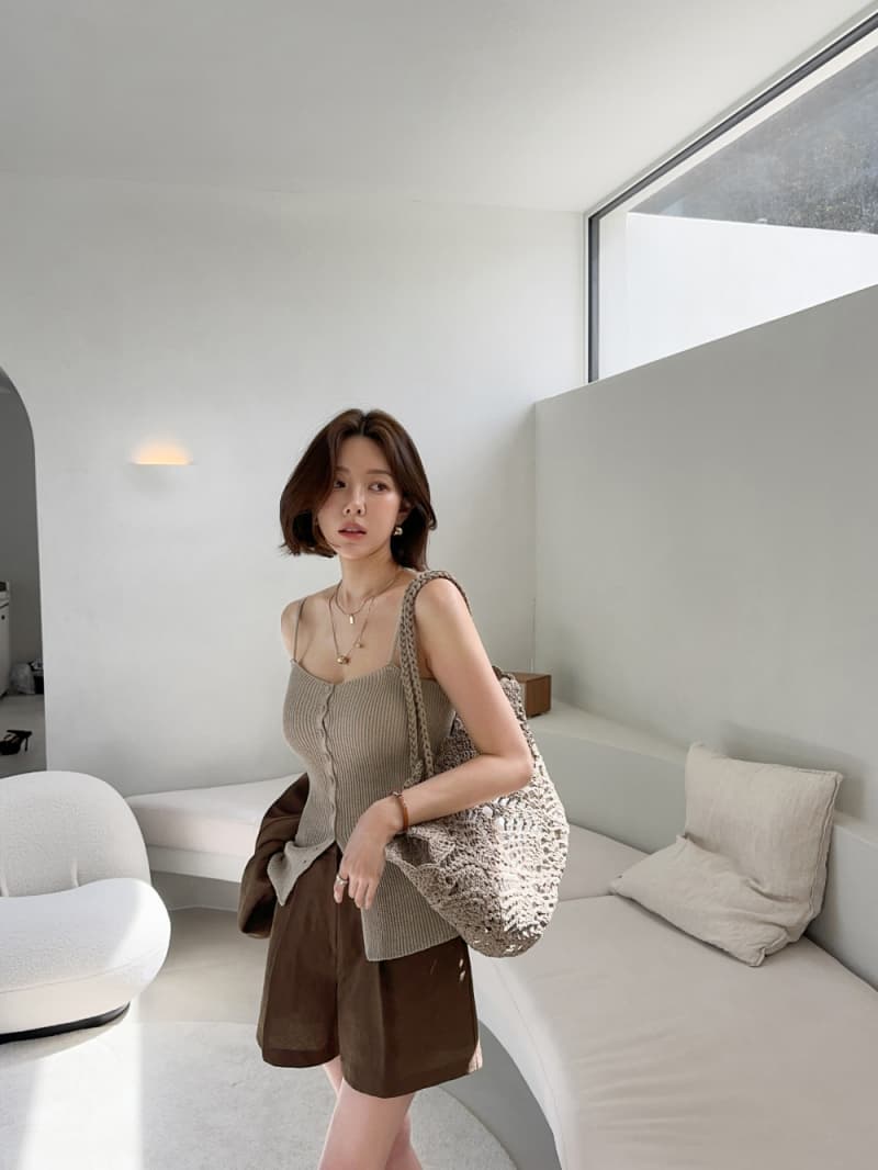 Linen Button Ribbed Knit Sleeveless Top - 이미지 7