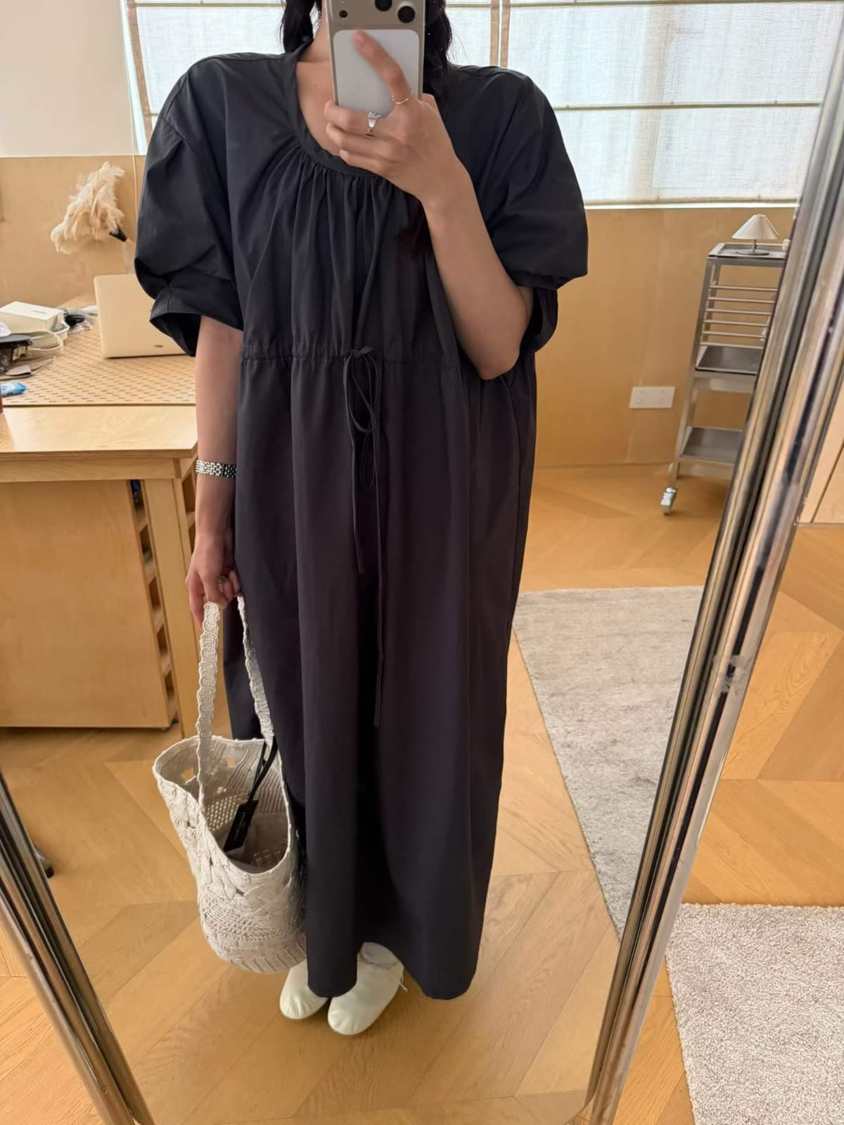 Puff-sleeved loose-strap long dress - 이미지 6