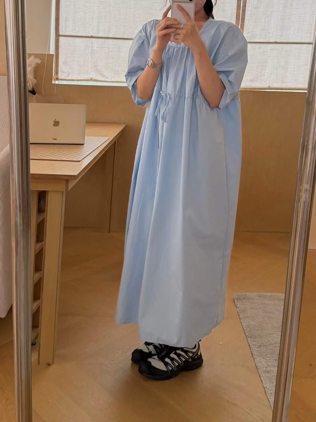 Puff-sleeved loose-strap long dress - 이미지 3