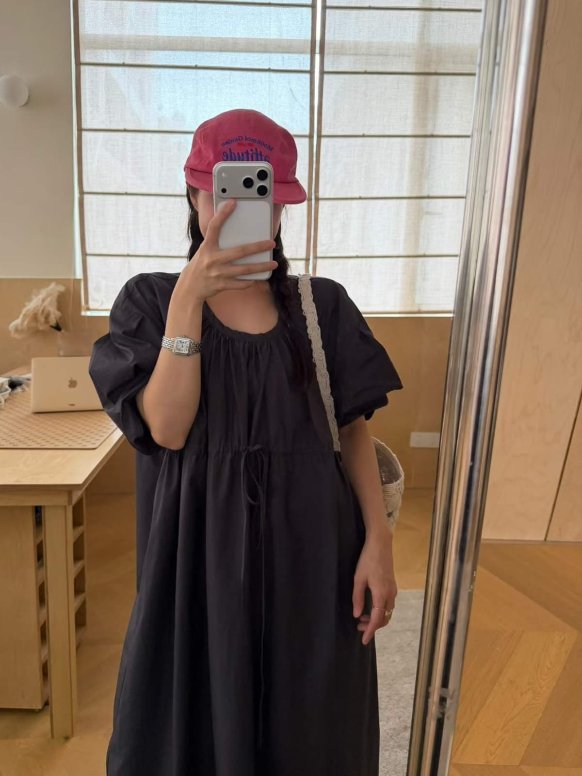 Puff-sleeved loose-strap long dress - 이미지 10