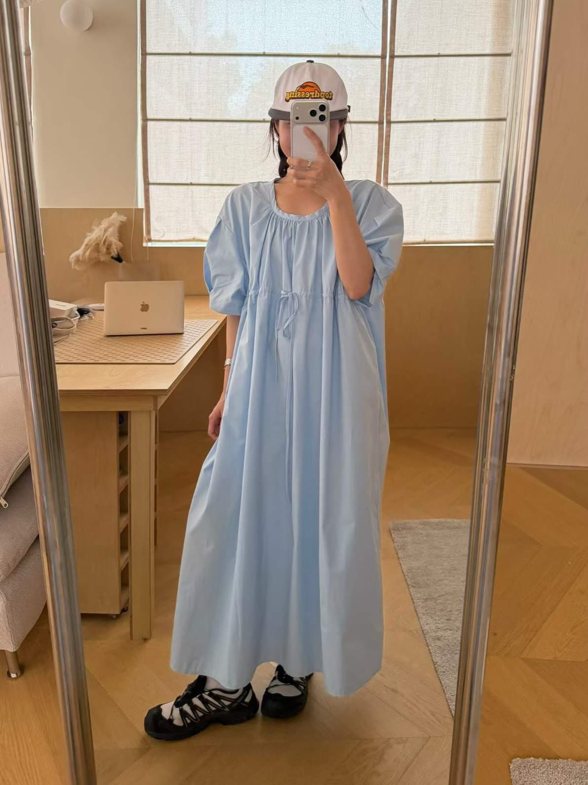 Puff-sleeved loose-strap long dress - 이미지 5