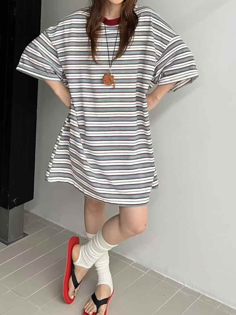 Striped oversized short-sleeve t-shirt dress - 이미지 10