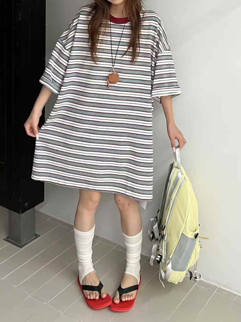 Striped oversized short-sleeve t-shirt dress - 이미지 12