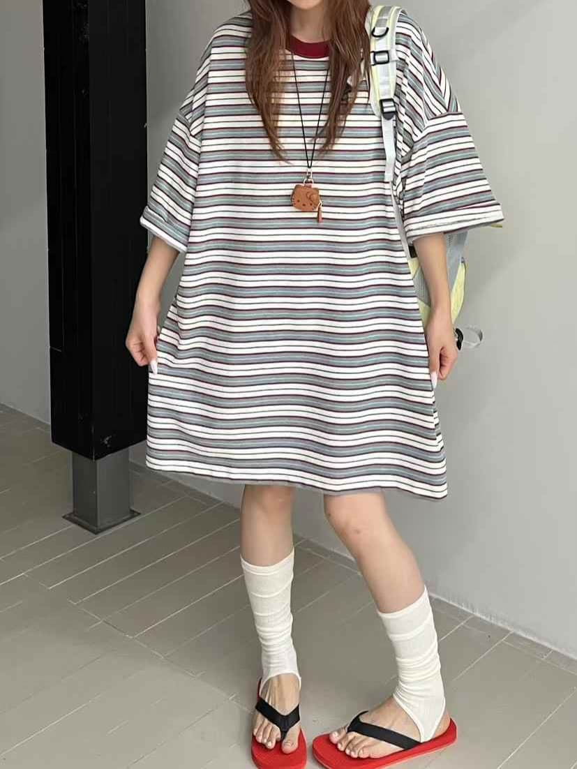 Striped oversized short-sleeve t-shirt dress - 이미지 11