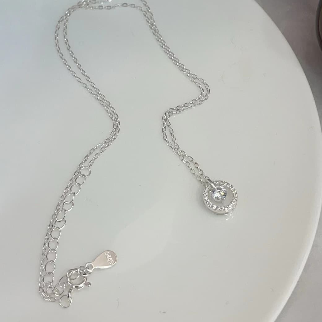 Silver 925 Round Cubic Dangling Pendant Necklace - 이미지 1