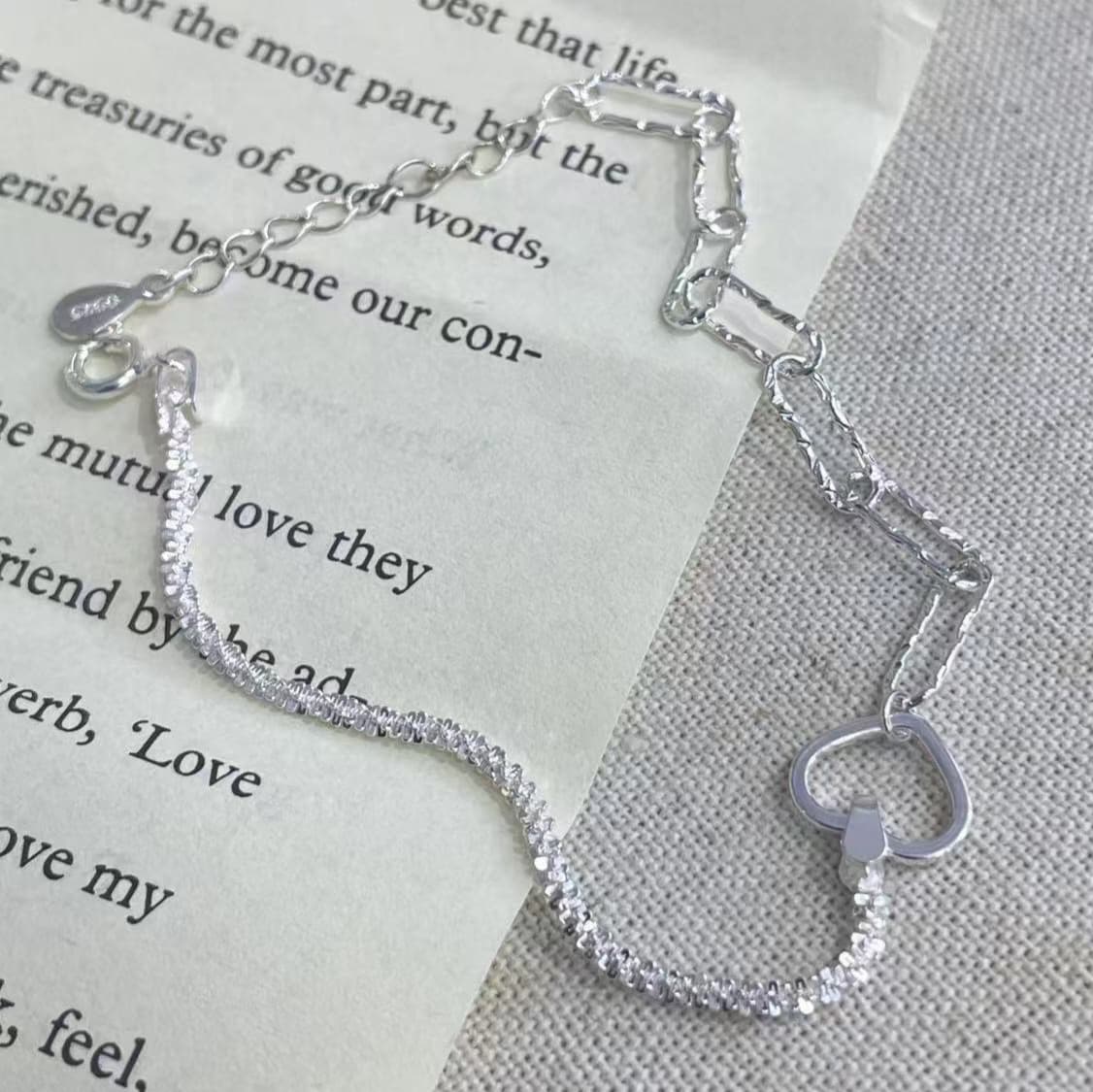 Silver 925 Snowflake Chain Square Clip Half-and-Half Heart Bracelet - 이미지 3
