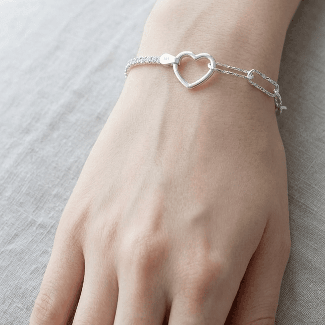 Silver 925 Snowflake Chain Square Clip Half-and-Half Heart Bracelet - 이미지 1