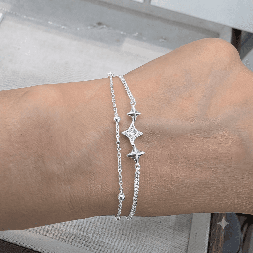 Silver 925 Shine Diamond Twinkle Star Point Double Chain Bracelet - 이미지 1