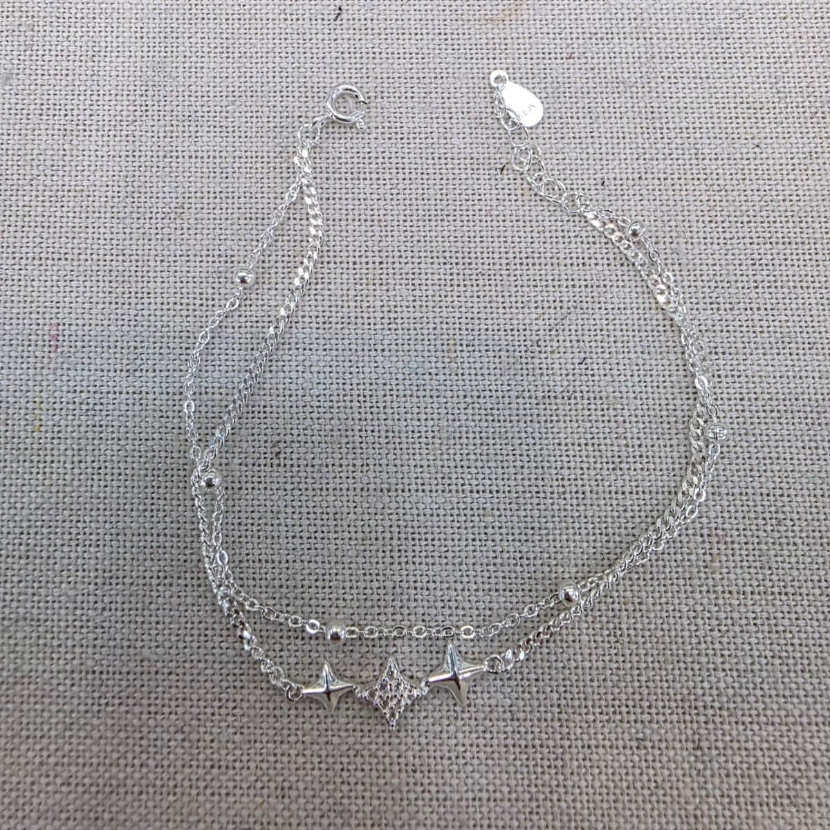Silver 925 Shine Diamond Twinkle Star Point Double Chain Bracelet - 이미지 2
