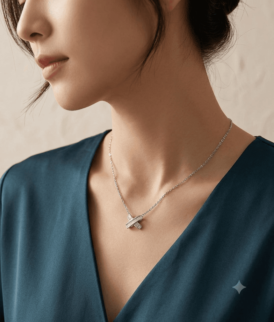 Silver 925 Cross Baguette Cut Cubic Pendant Necklace - 이미지 1