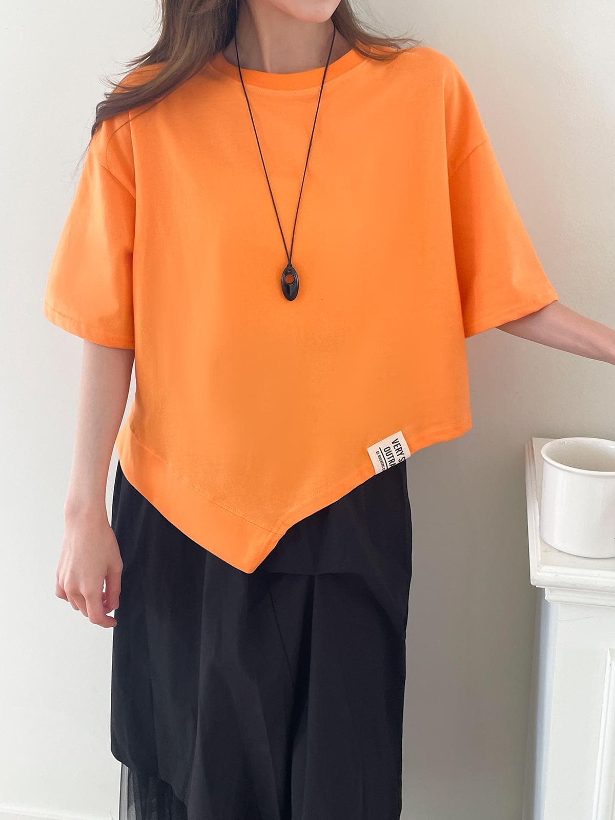 Pangpang Asymmetrical Tee (Diagonal Short Sleeve T-shirt Loose Fit Label T-shirt Summer) - 이미지 2