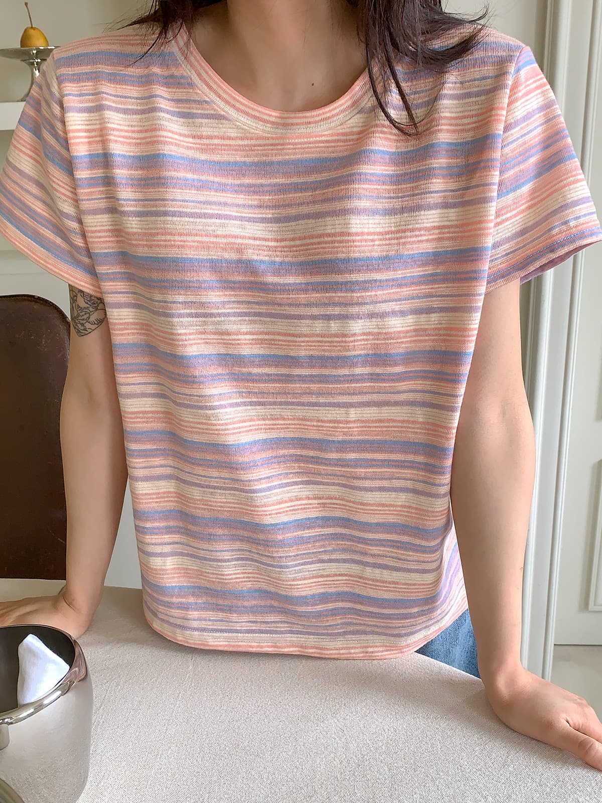 Music Striped T-shirt (Fine striped pastel summer knit t-shirt) - 이미지 5