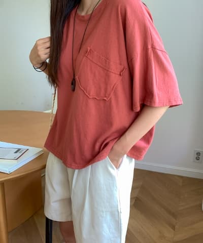 Raw Pocket Washed T-shirt (Round Neck Summer Short Sleeve T-shirt with Washed Pocket Vintage)