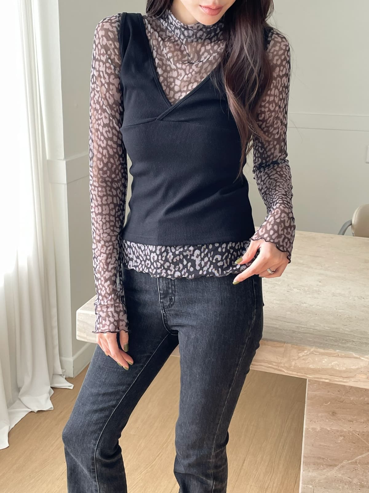 Half-neck Leopard Print T-shirt (New Arrival, Summer, Summer Innerwear, Summer T-shirt, Mesh, Layered) - 이미지 8