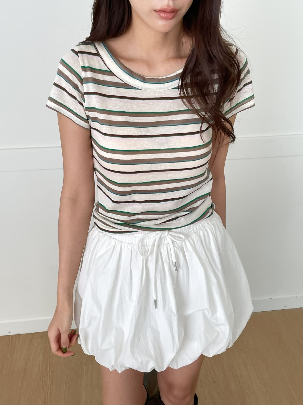 Mini Striped Short Sleeve T-shirt (New Arrival, Summer, Summer Short Sleeve, Summer T-shirt, Stretchy, Slim Fit) - 이미지 2