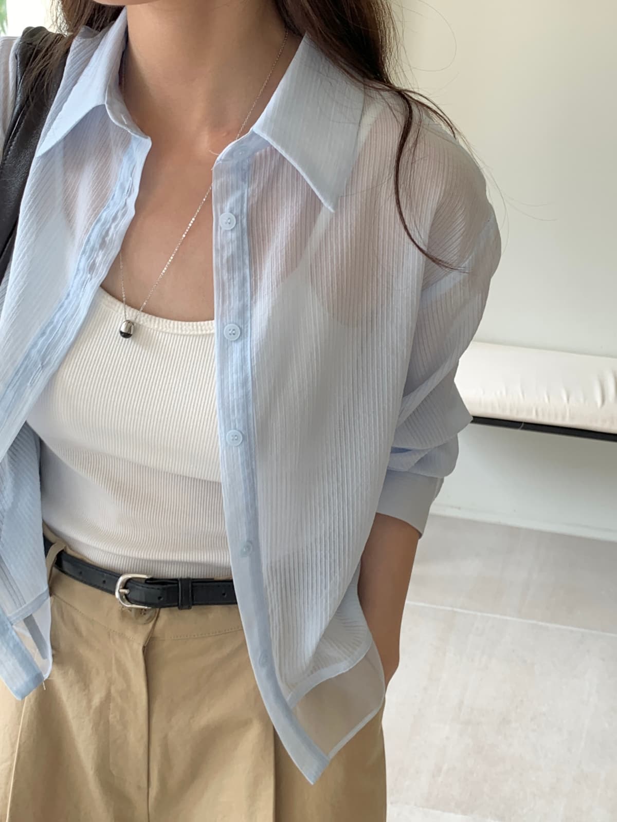 See-through layered crop shirt - 이미지 1