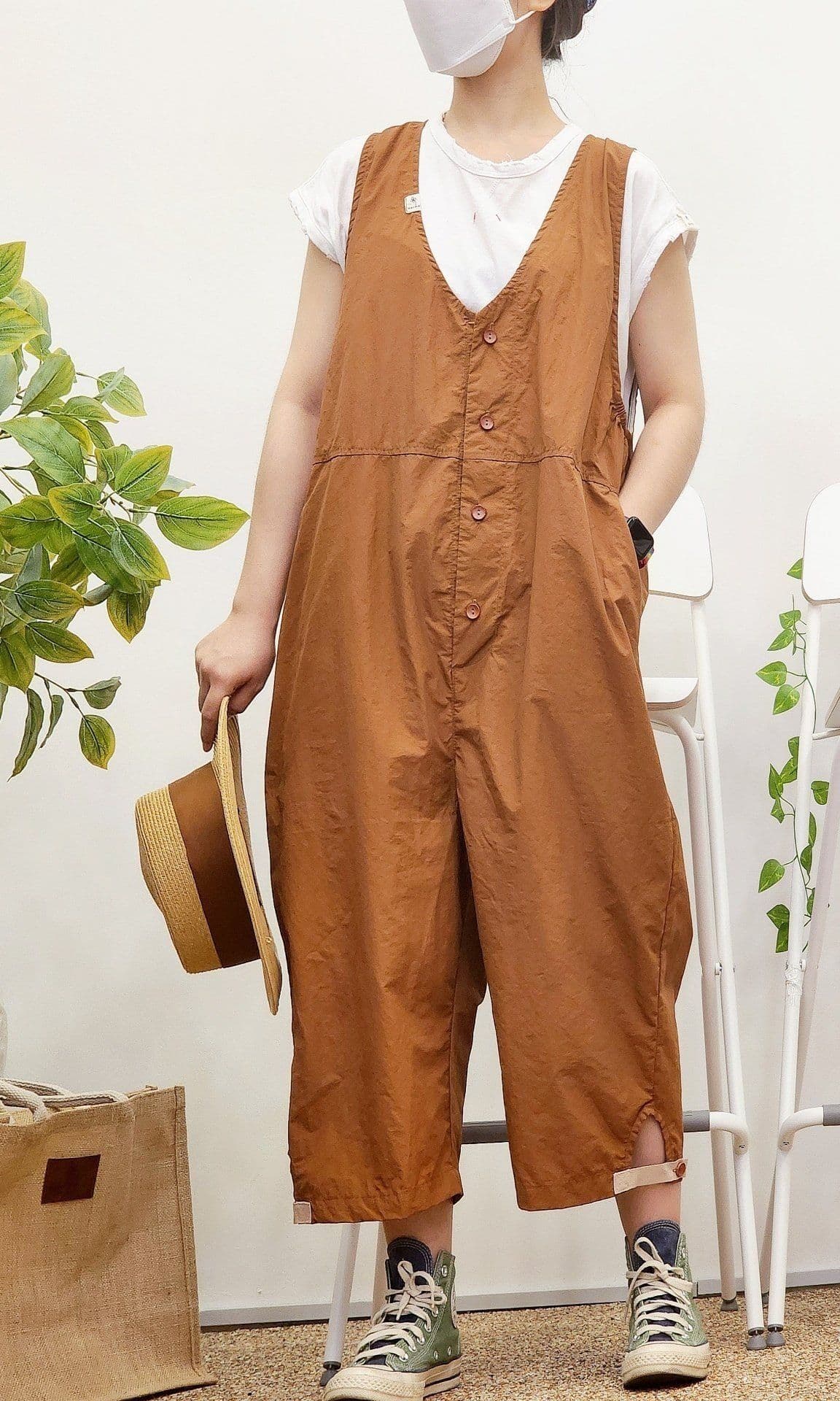 26SS) Summer Cool Vintage Slit Button Jumpsuit (3/4/8 Length) Free Size Fits Size 77 Summer Rustle - 이미지 1