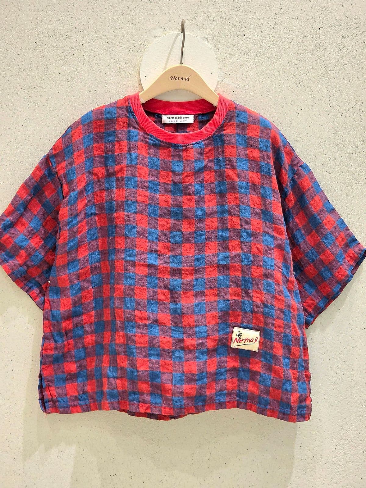 26SS New Arrival) Linen Gingham Check T-shirt, Fits Size 77, Full Arm Covering Short Sleeve T-shirt, Linen Summer Tee - 이미지 9
