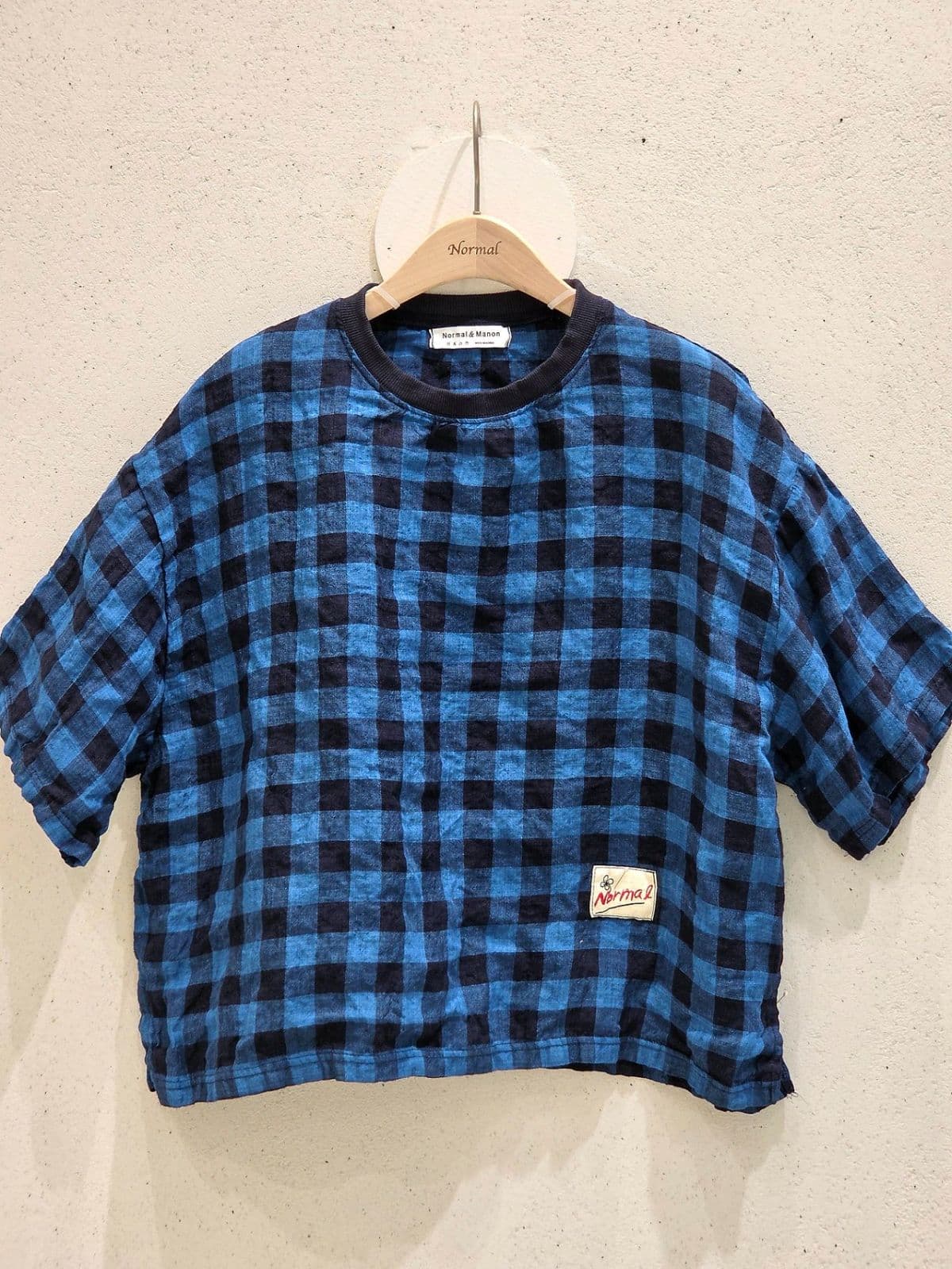 26SS New Arrival) Linen Gingham Check T-shirt, Fits Size 77, Full Arm Covering Short Sleeve T-shirt, Linen Summer Tee - 이미지 7