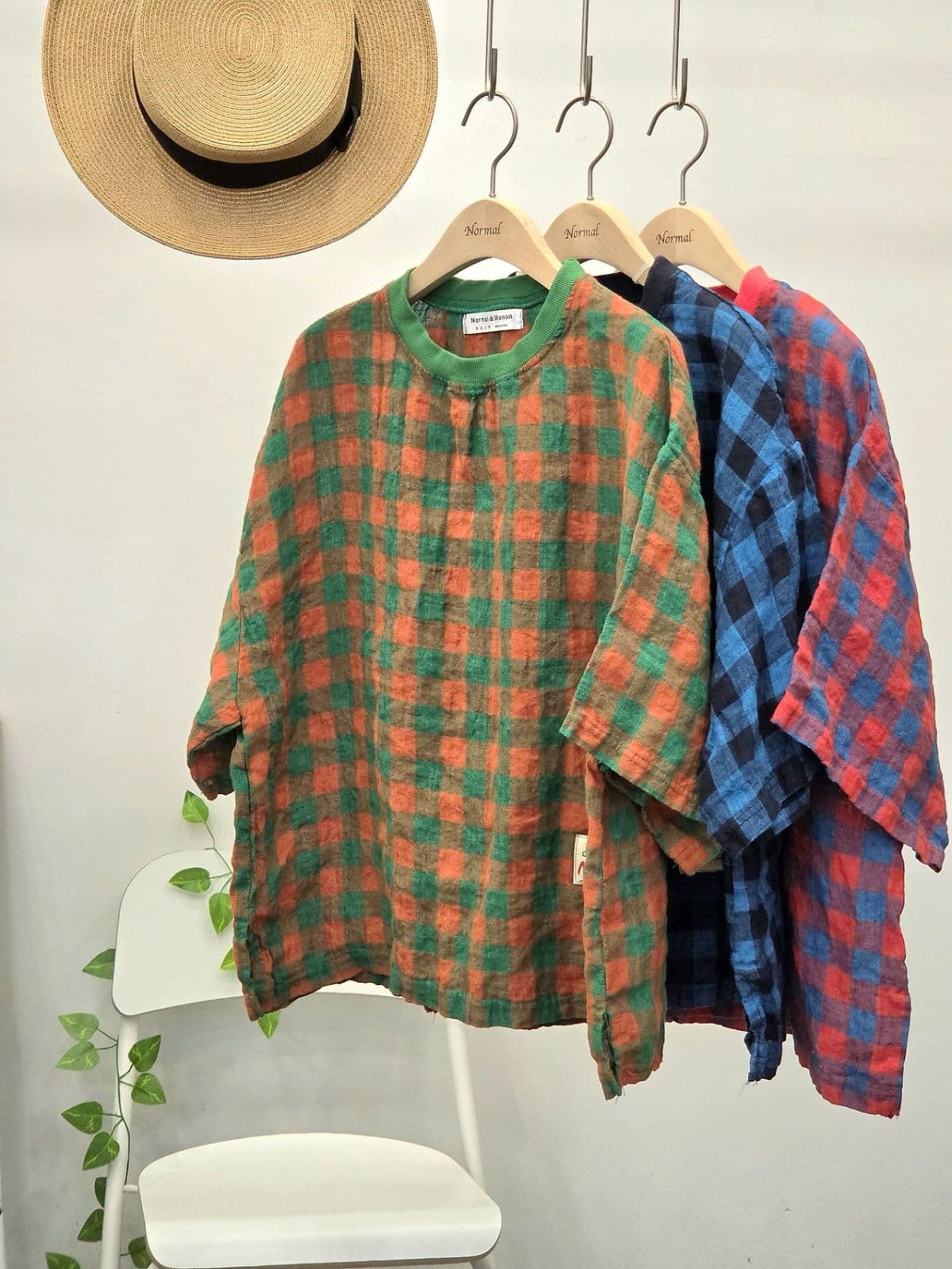 26SS New Arrival) Linen Gingham Check T-shirt, Fits Size 77, Full Arm Covering Short Sleeve T-shirt, Linen Summer Tee - 이미지 1
