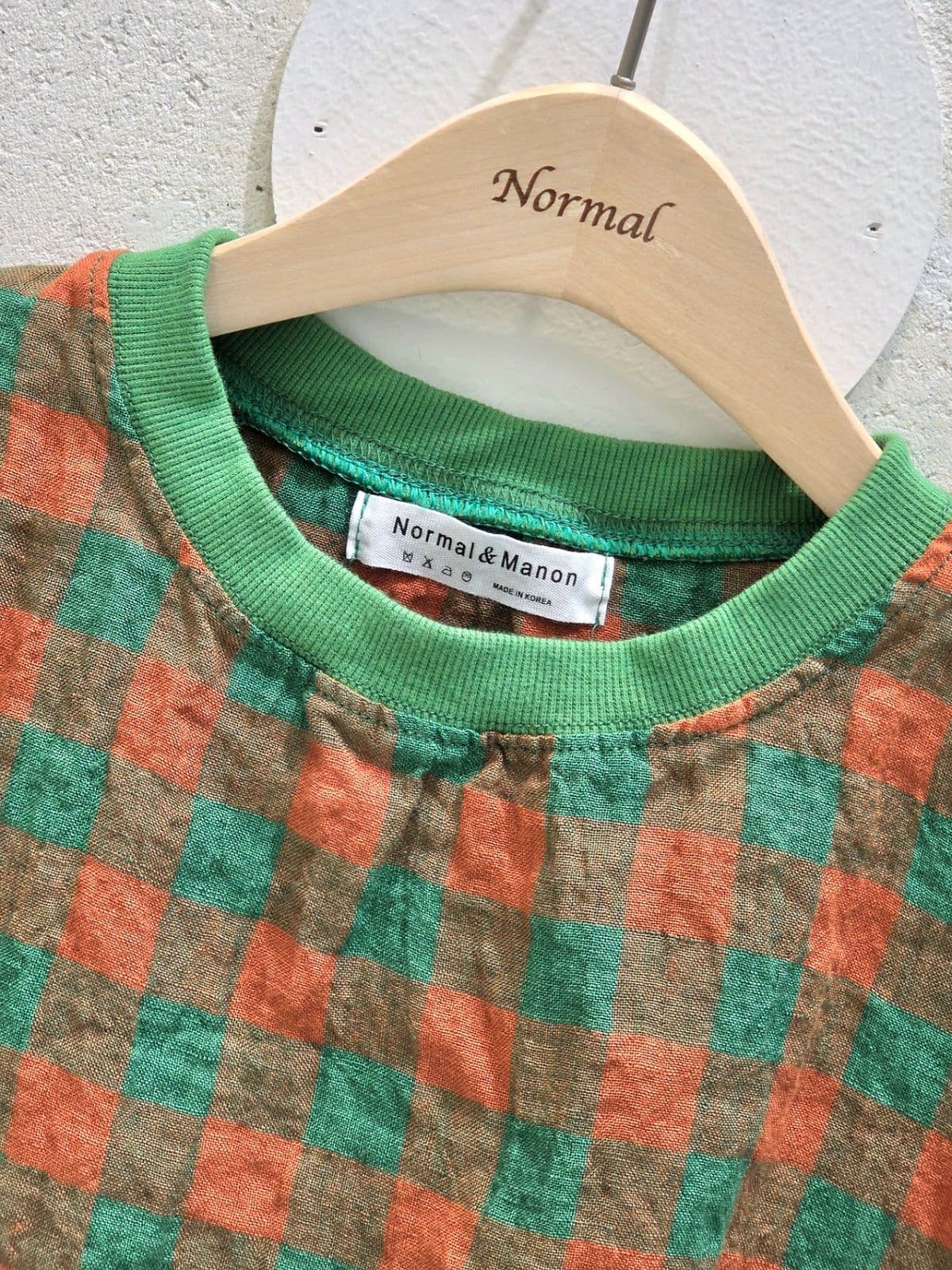 26SS New Arrival) Linen Gingham Check T-shirt, Fits Size 77, Full Arm Covering Short Sleeve T-shirt, Linen Summer Tee - 이미지 3