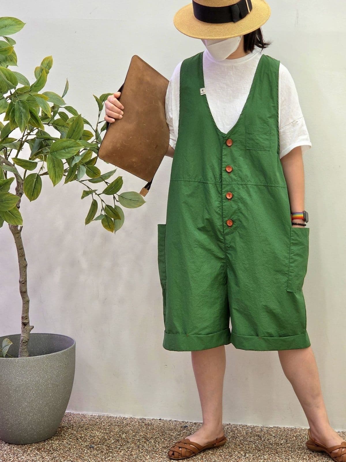 26SS) Vintage 3/4 Jumpsuit Free Size (Suitable for Size 77) Crinkly Summer Shorts - 이미지 1