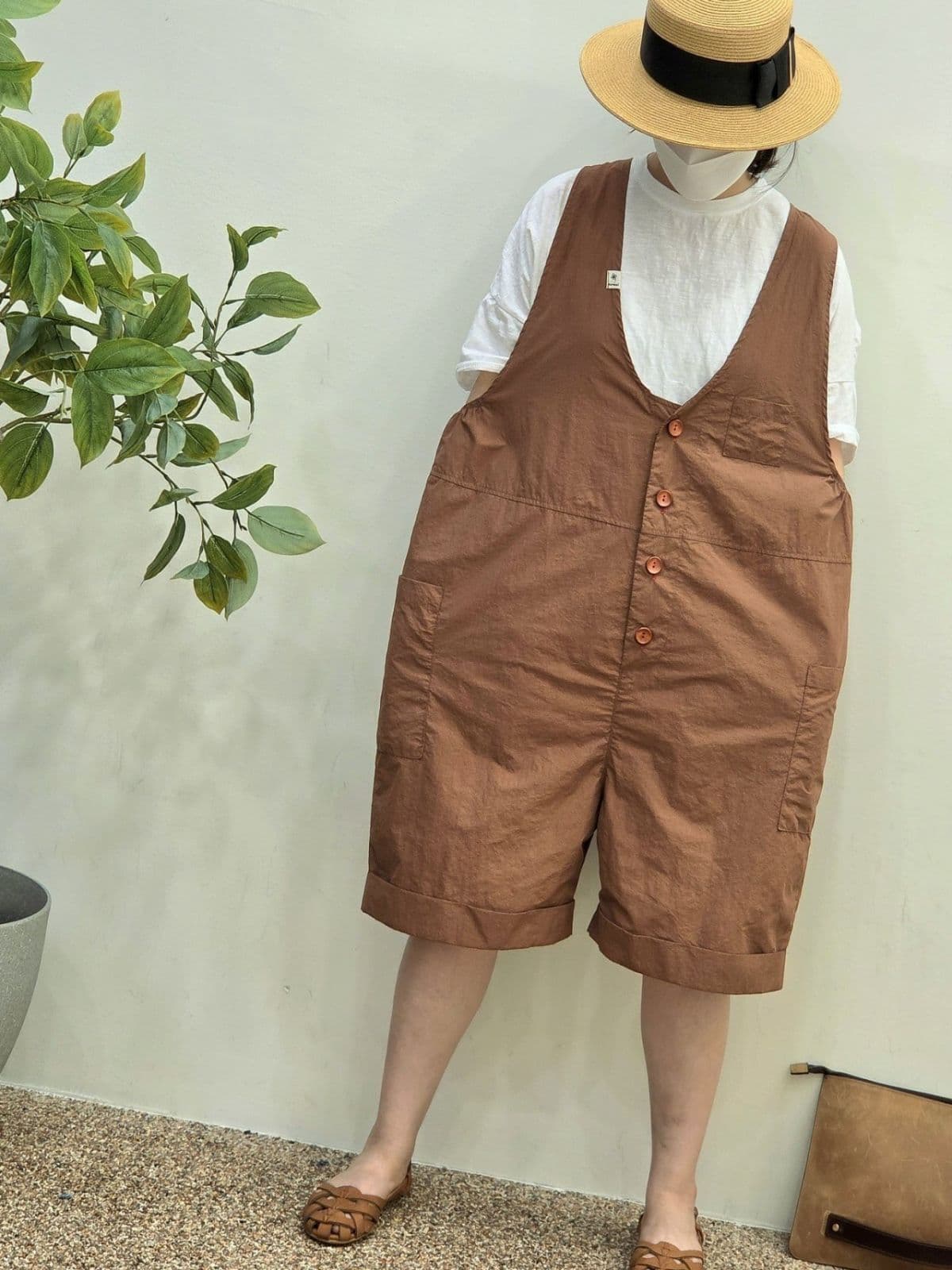 26SS) Vintage 3/4 Jumpsuit Free Size (Suitable for Size 77) Crinkly Summer Shorts - 이미지 6