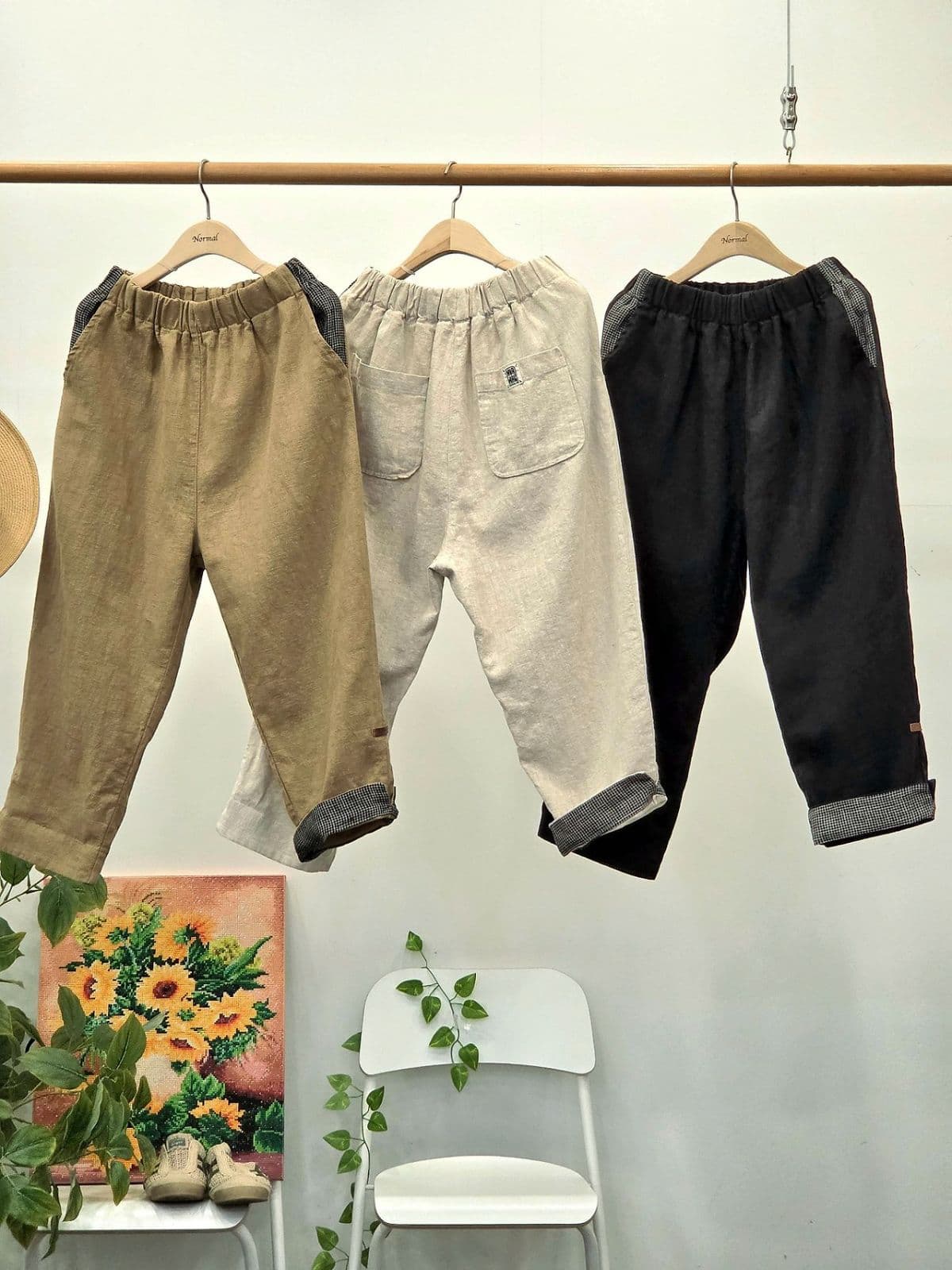 26SS New Arrival) Linen Check Contrast Pants (8 Count) Free Size, Fits Size 66.5, Summer Linen Pants, Linen Pants - 이미지 1