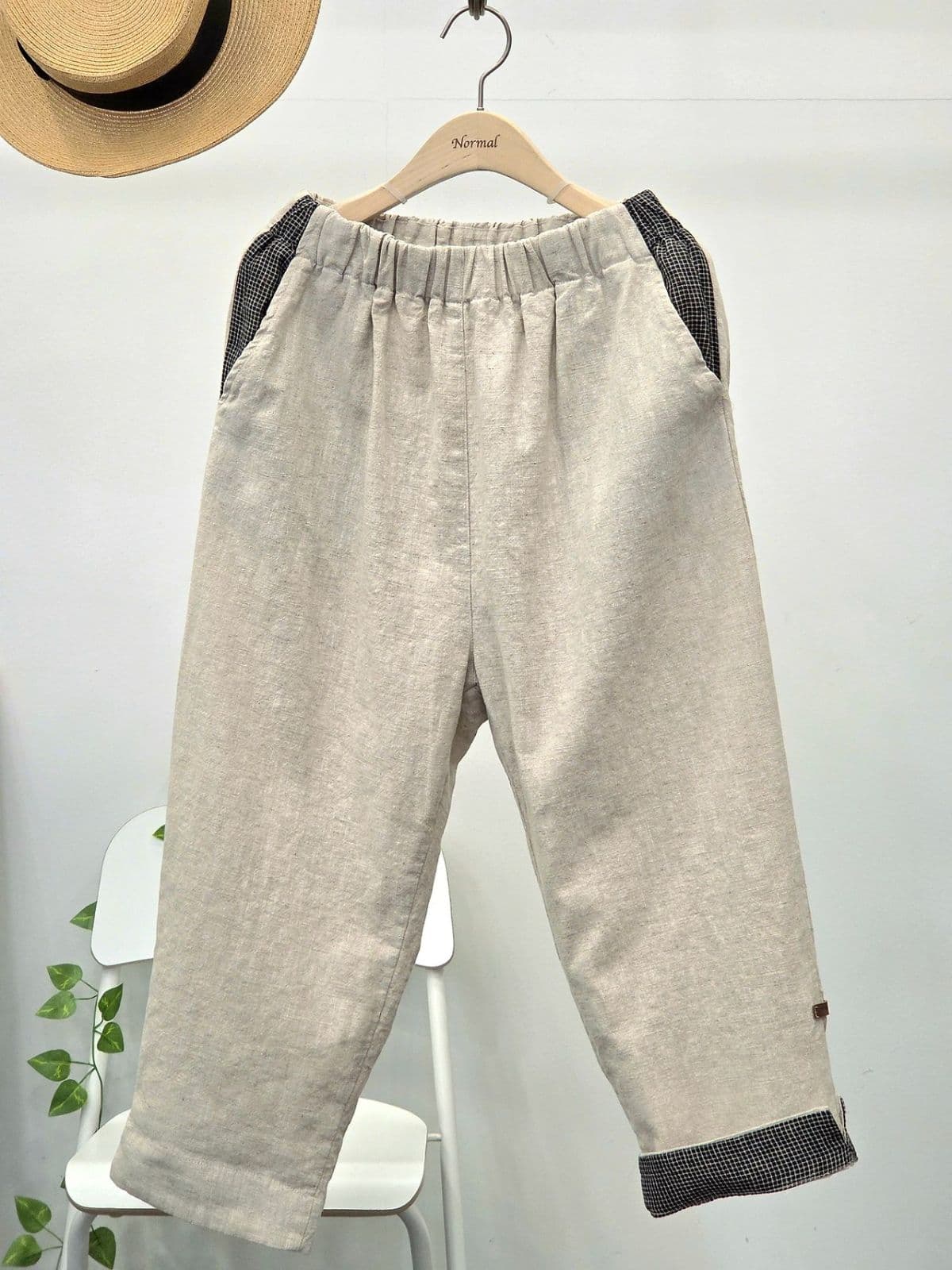 26SS New Arrival) Linen Check Contrast Pants (8 Count) Free Size, Fits Size 66.5, Summer Linen Pants, Linen Pants - 이미지 4