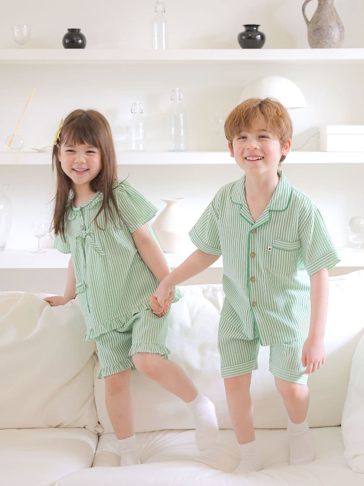(Solo)(Green Day) Domestically Produced Girls' Striped Kids Pajama Set - 이미지 3