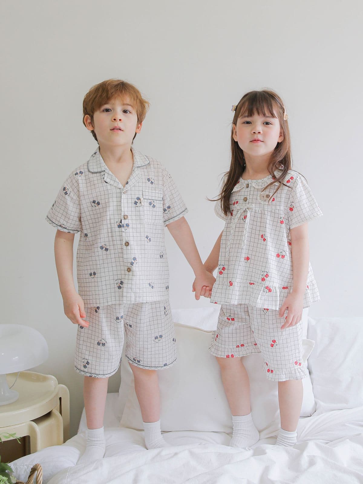 (Solo)(Cherry Bonbon) Domestically Produced Kids Check Pajama Homewear Set - 이미지 2