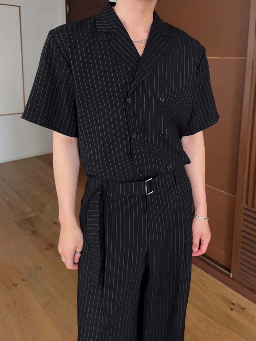 In-house Production_Double Crop Short Sleeve Shirt (Elastic Waist_Linen_Shirt Set_Stripe_Wide_Belt) - 이미지 4