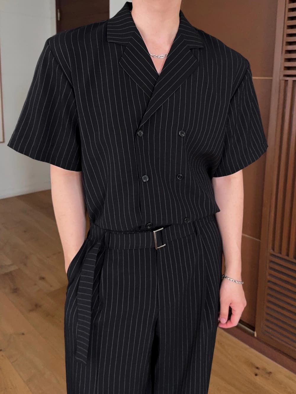In-house Production_Double Crop Short Sleeve Shirt (Elastic Waist_Linen_Shirt Set_Stripe_Wide_Belt) - 이미지 13