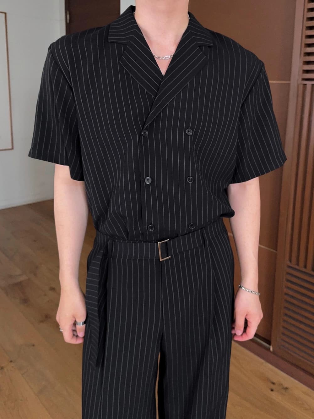 In-house Production_Double Crop Short Sleeve Shirt (Elastic Waist_Linen_Shirt Set_Stripe_Wide_Belt) - 이미지 8