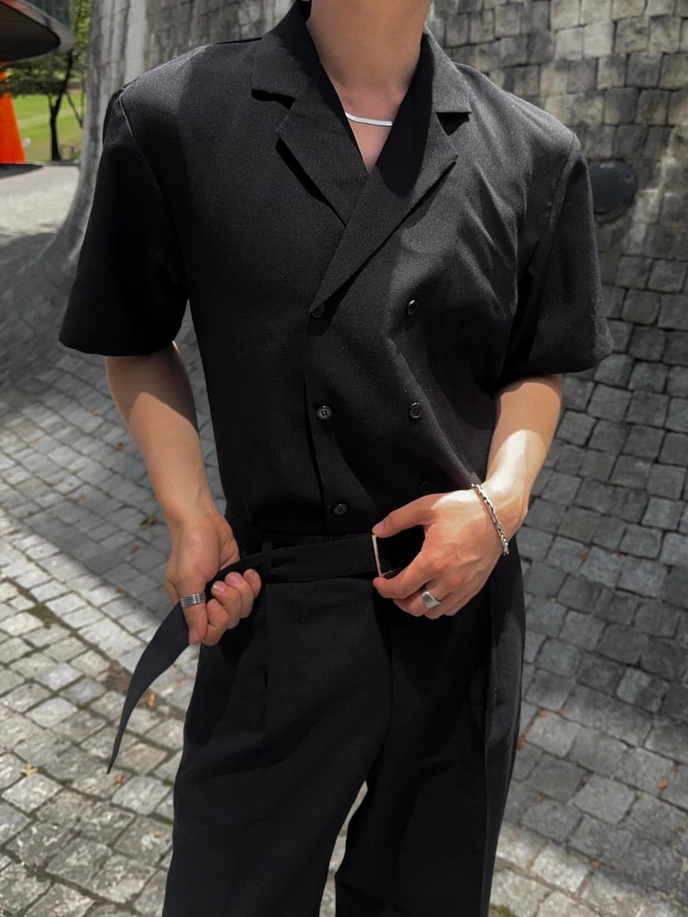 In-house Production_Double Crop Short Sleeve Shirt (Elastic Waist_Linen_Shirt Set_Stripe_Wide_Belt) - 이미지 2
