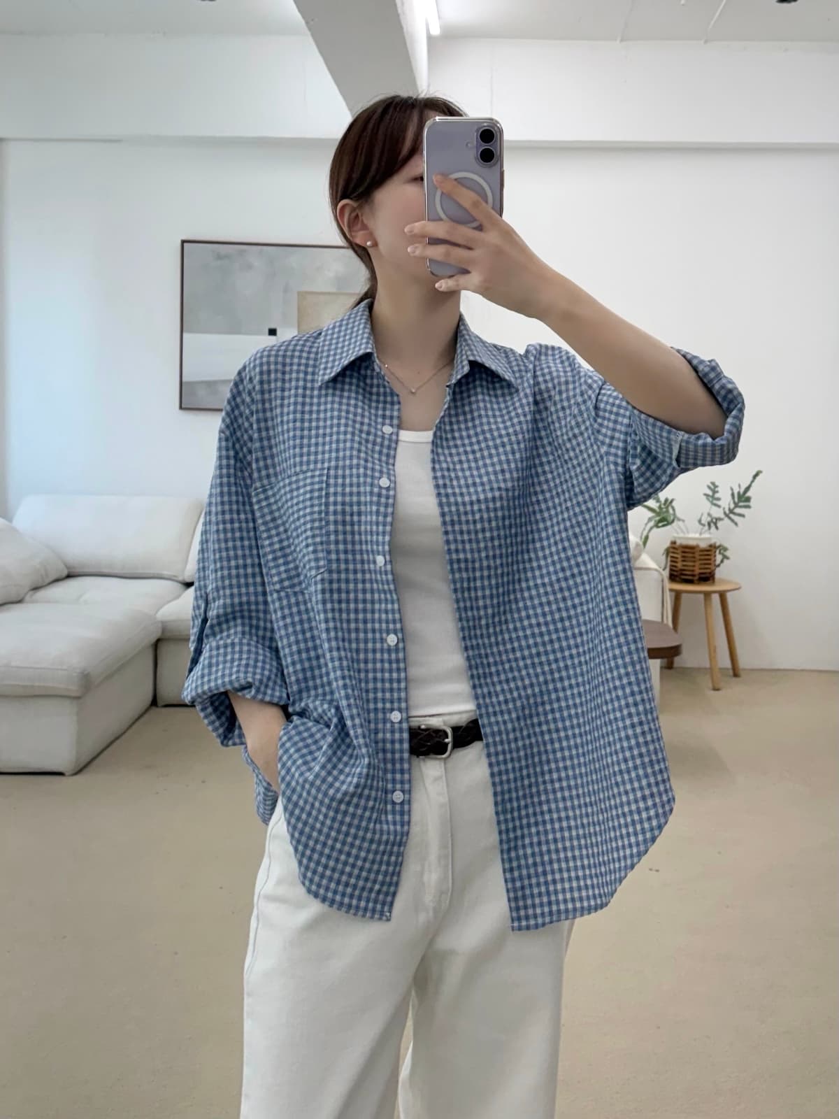 Summer check roll-up shirt - 이미지 3