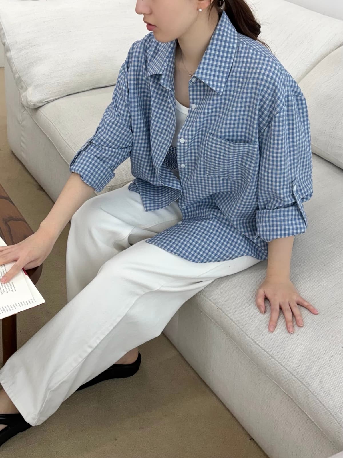 Summer check roll-up shirt - 이미지 5