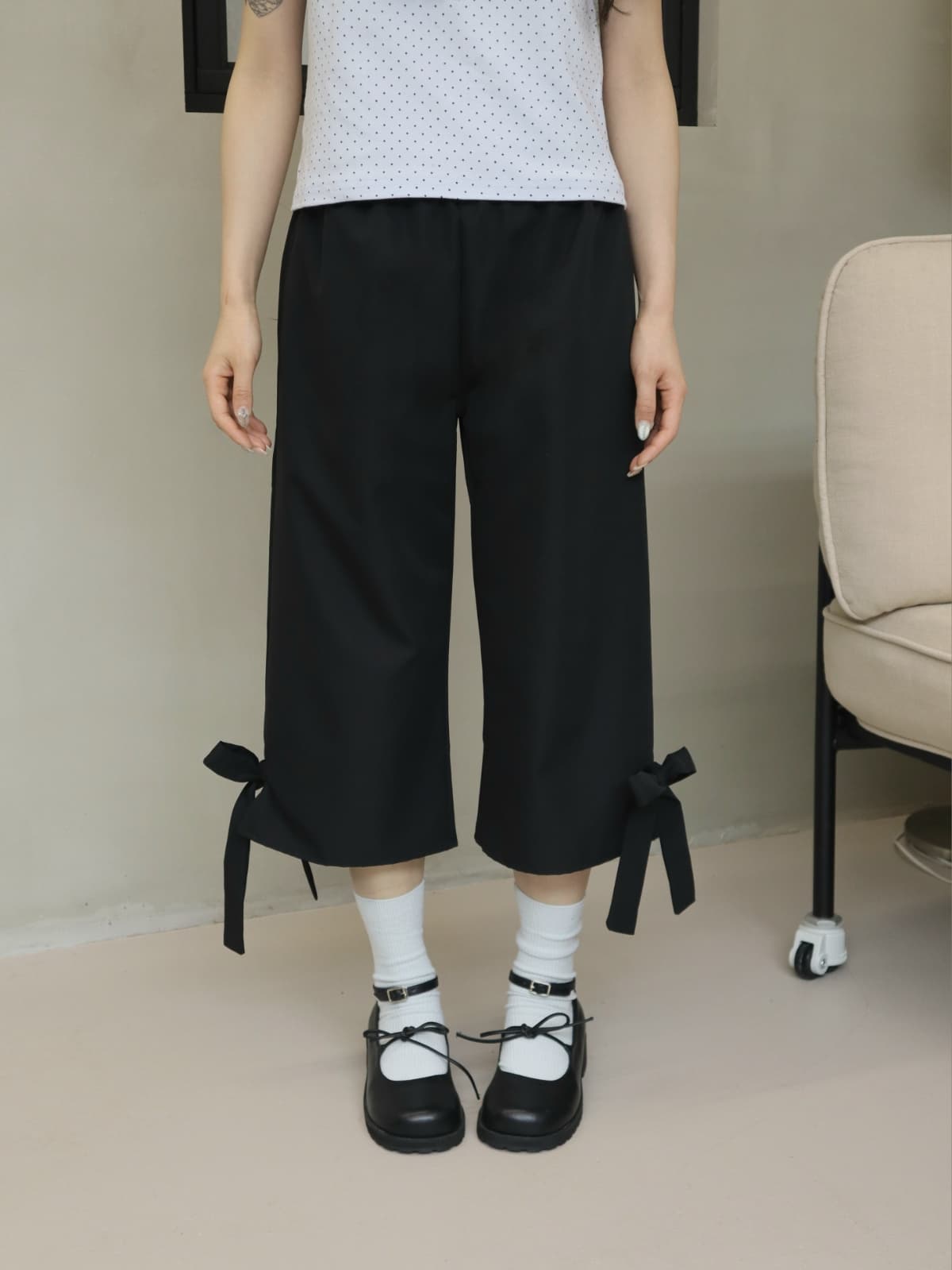 Ribbon Capri Pants (3/4 length, 9/4 length, wide, side slit, elastic band biker summer pants) - 이미지 4