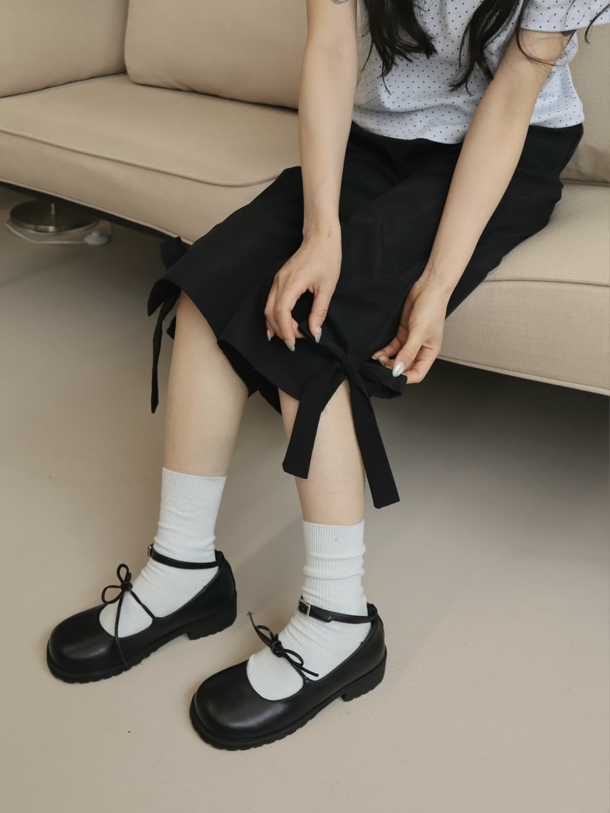 Ribbon Capri Pants (3/4 length, 9/4 length, wide, side slit, elastic band biker summer pants) - 이미지 5
