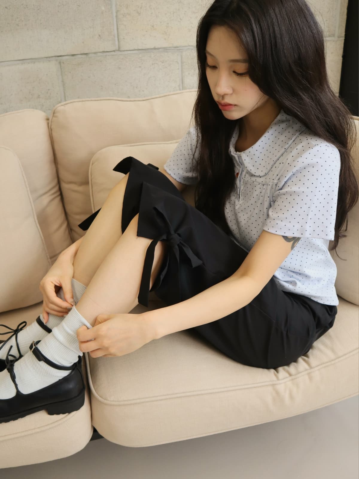 Ribbon Capri Pants (3/4 length, 9/4 length, wide, side slit, elastic band biker summer pants) - 이미지 2