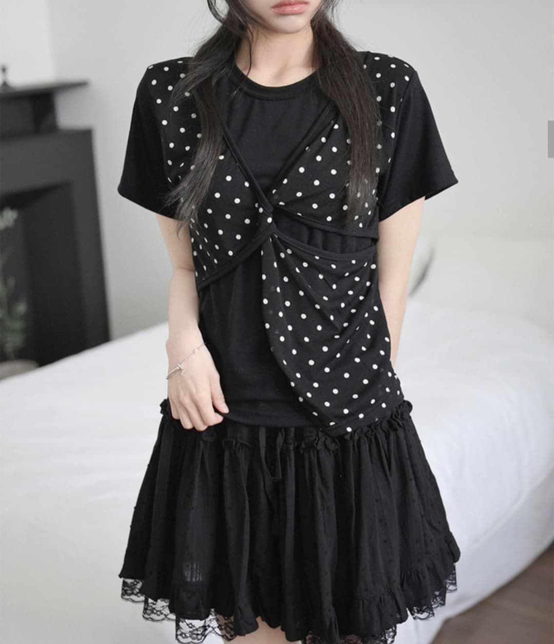 Cable Knit T-shirt (Polka Dot Twist Layered Short Sleeve T-shirt Plain) - 이미지 6
