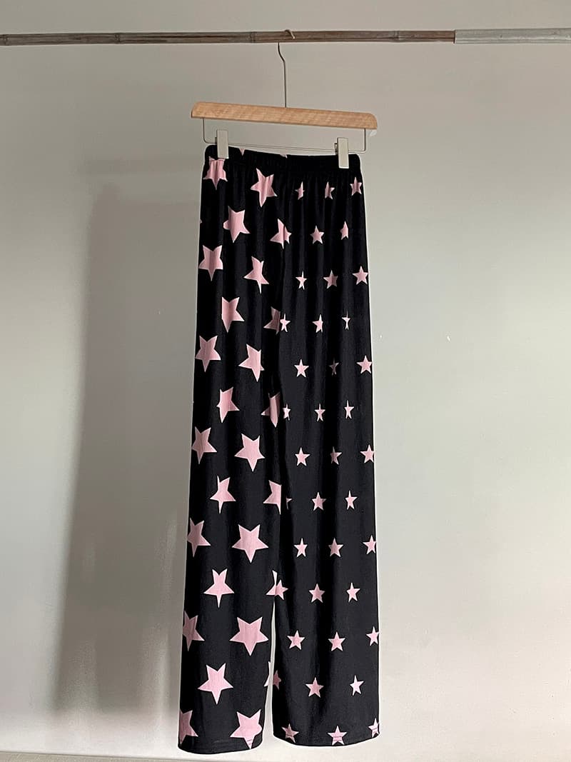 Kitsch Star Pattern Ribbed Wide Elastic Pants - 이미지 8