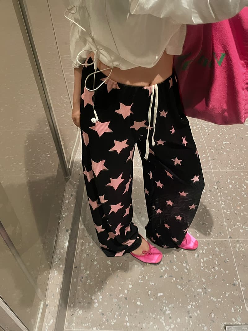 Kitsch Star Pattern Ribbed Wide Elastic Pants - 이미지 3